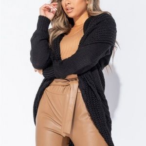 Chunky Cable Knit Shawl Collar Longline Cardigan Black